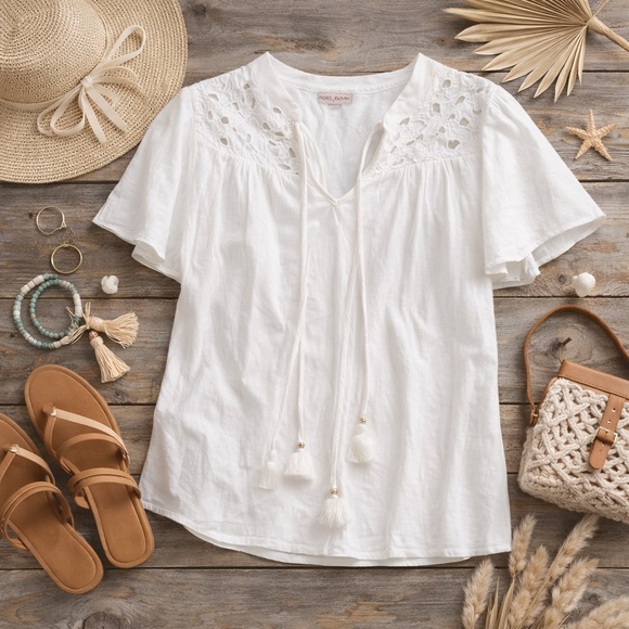 Knox Rose Tops - Knox Rose White Boho Embroidered Tassel Blouse Size L Cotton Peasant Top